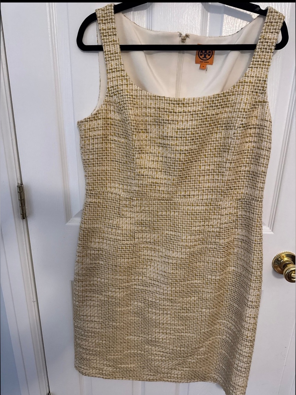 Tory Burch Emma Cream and Gold Tweed Sleeveless Shift Dress Size 14
